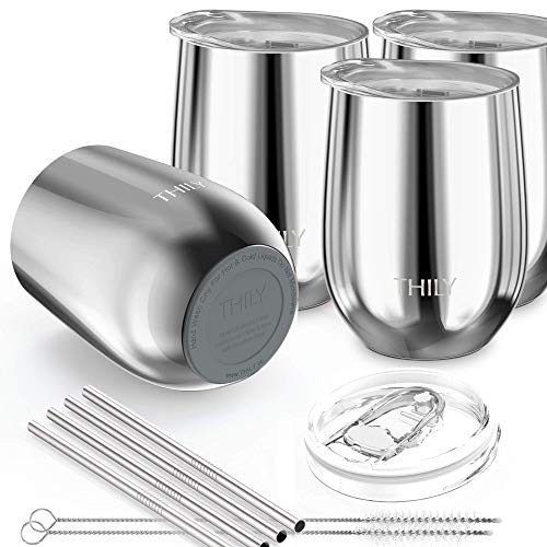 Vacuum Insulated Stemless Wine Tumbler 4 Pack Stainless Steel Wine Glass with Lid and Straw (4 Pack - Mirror Silver / 4 Count (Pack of 1))