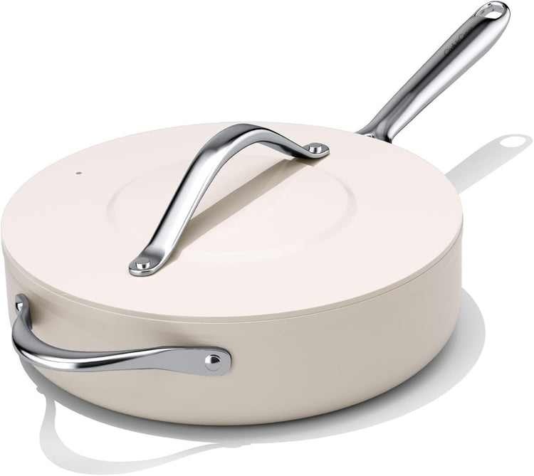 Nonstick Ceramic Sauté Pan with Lid (4.5 qt, 11"), Deep Frying Pan for All Cooktops - Non Toxic, PTFE/PFOA/PFAS Free, Dishwasher & Oven Safe up to 500°F - with Stay Cool Handle - Cream