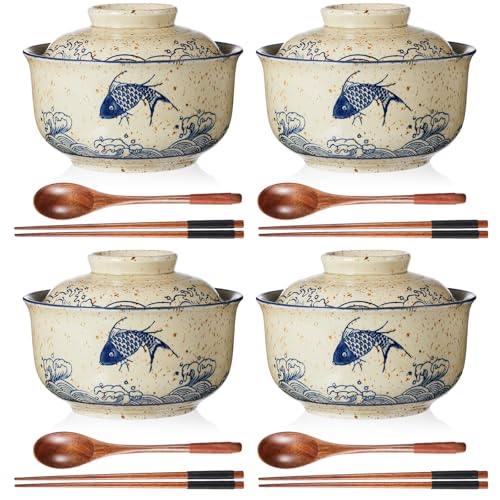 25oz Ramen Bowls Set of 4 Japanese Dinnerware Set with Lid (Fish)