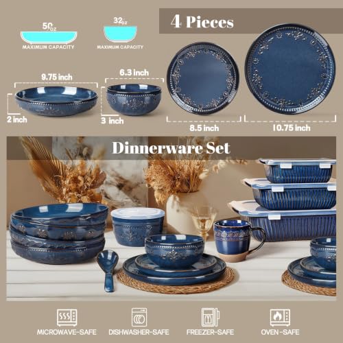 4 Piece Handcrafted Ceramic Dinnerware Set with Pasta Bowls (Damask Floral (4 Pieces) (Blue))
