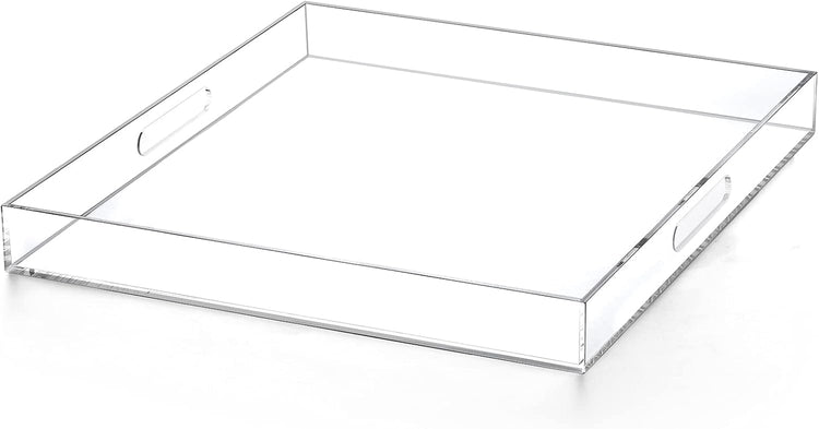 Clear extra large Ottoman Tray with Handles 18"x18"x2" Spill proof Acrylic Serving Tray Organizer Tray Decorative safe edge tray For Living Room Entryway Bedroom Kitchen Coffee Table coutertop