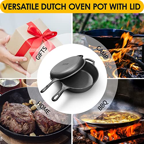 2-in-1 Pre-Seasoned Cast Iron Dutch Oven Pot with Skillet Lid Set, 10" Skillet 3QT Pot for Cooking, Baking, Frying and Camping (3QT)