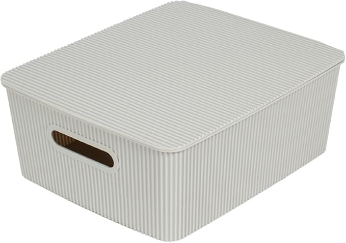 Glad Storage Baskets with Lids - Set of 4 Stackable Plastic Boxes with Handles - Decorative Shelf Organizer Bins for Bathroom and Closet, Grey, 3.1 Gallons