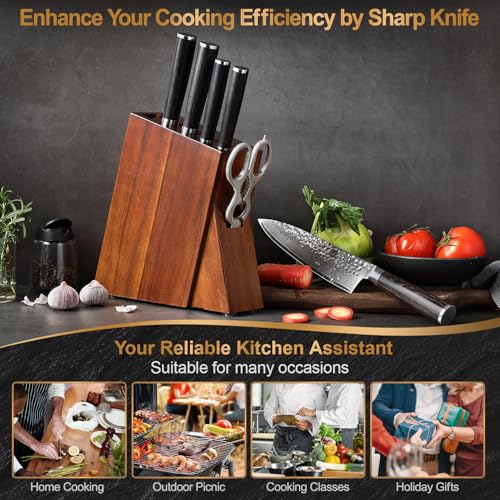 Damascus 7 Piece Kitchen Chef Knife Block Set (7 Count)