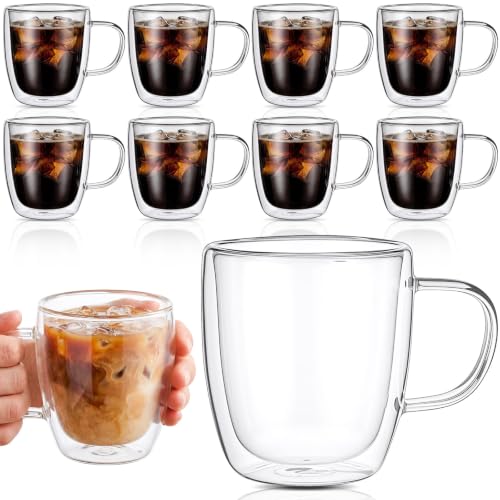 8 Pcs 16oz Clear Glass Coffee Mugs Double Walled Coffee Cups Glasses Insulated Latte Mugs with Handle Espresso Clear Cups for Cappuccino Tea (480ml / Clear)
