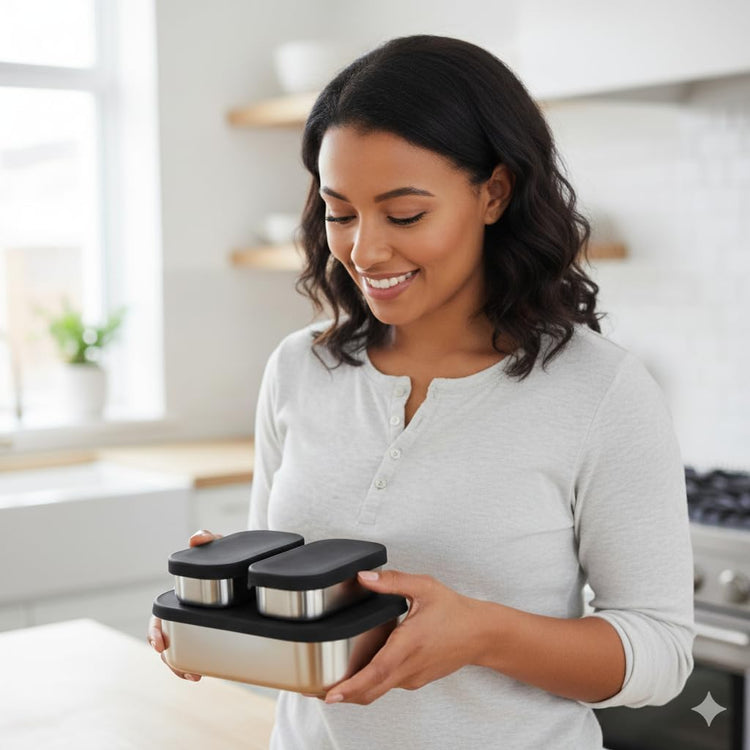 Flexibento - Leak proof Stainless Steel Lunch Box | Bento Box |Food , Lunch Containers with Silicone Lids| sandwich and Snack Containers |Metal lunch Box |Black | 27 OZ, 2*6.5 OZ| Adjustable Divider