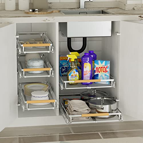Pull Out Cabinet Organizer with Expandable Sliding Shelves for Cupboard Pantry (L: 17.1~28" W x 22.5" D / Chrome-2pack)