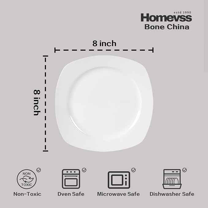 HomeVss, New Bone China Embossed Dinnerware Set, Coupe Square Shape, 16pc Set