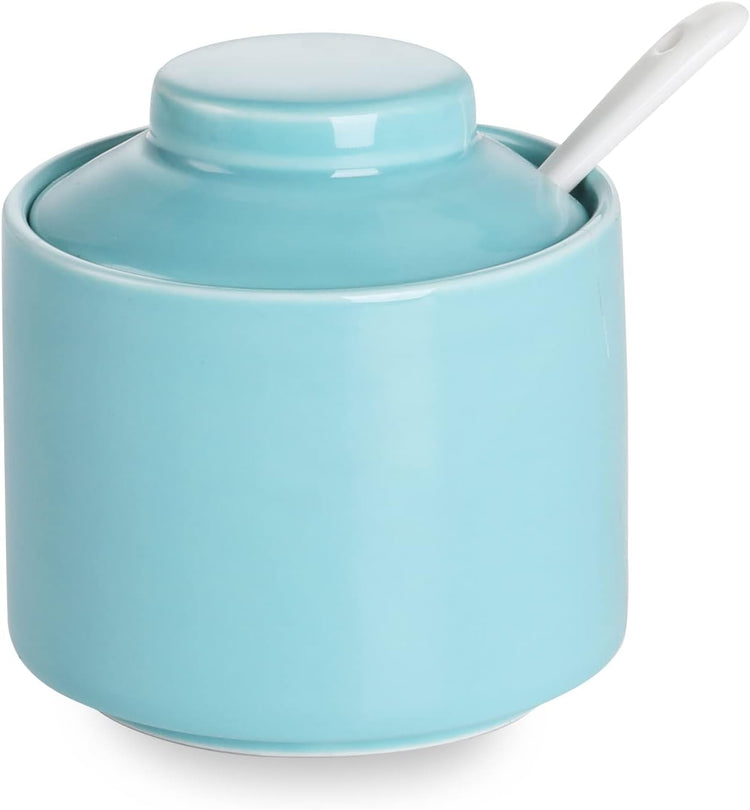 ONTUBE Ceramic Sugar Bowl with Lid and Spoon,Porcelain Seasoning Box Salt Bowl,8oz (Turquoise Blue)