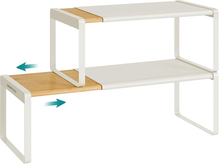 SONGMICS HOME Spice Racks, Expandable Cupboard Shelf Orgnizers, Kitchen Counter Shelves, Bamboo and Metal, Space-Saving Shelving, Stackable, Light Bamboo and Cream White UKCS051N01