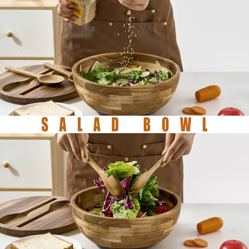 Salad Bowls Wood Salad Bowl Set with Lid Acacia Wood Serving Bowl for Fruits or Salads 10.5" Large Serving Bowl with Serving Utensils (10.5in wood salad bowl)