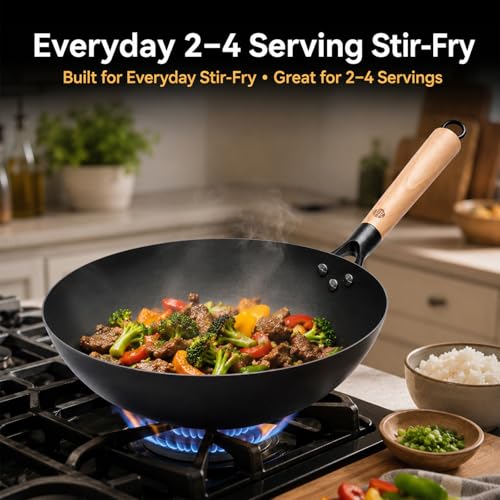 12.6 Inch Carbon Steel Wok Pan with Glass Lid and Spatula (12.59 Inch Flat Bottom)