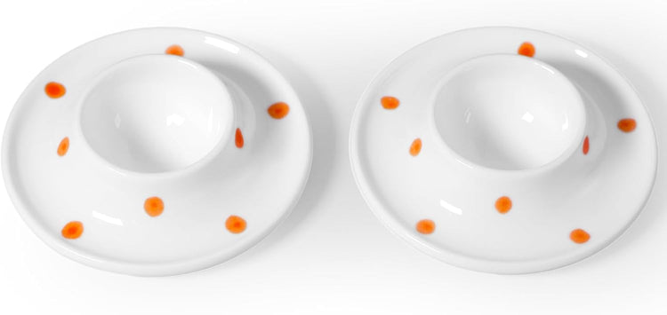 Cinf Ceramic White Egg Holder Set of 2 Porcelain Holder Breakfast Boiled Cooking Easy to Clean Childhood Memories Kitchen(Orange Dot)