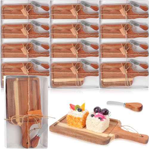 12 Set Acacia Wood Charcuterie Board with Knife Wooden Serving Tray with Groove Acacia Wood Cutting Board with Gift Box and Card for Wedding Baby Shower Housewarming Gift (12 Count)