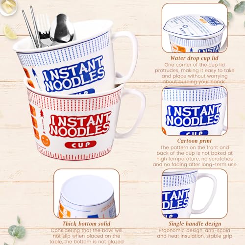 6 Pcs Japanese Ramen Bowl Set Includes 3 Pcs Instant Noodle Bowl with Lid Microwave Ramen Noodles Cup Holder 3 Pcs Silverware Set Flatware Sets for Home Office College Dorm Room (39 oz)