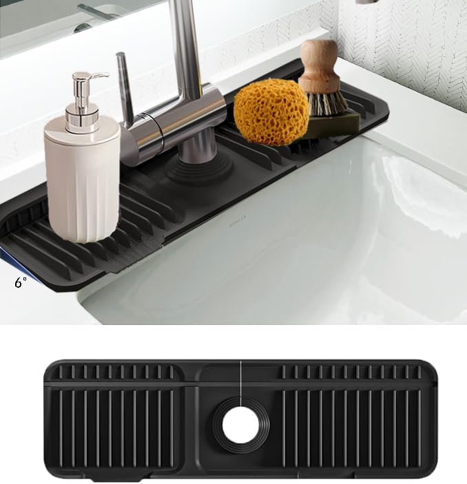 17.7" Silicone Faucet Mat for Kitchen Sink,Folding Sink Splash Guard Behind Faucet,Fasten Button & 6° Slope Design Faucet Drain Mat for Kitchen and Bathroom,Faucet Draining Mat(Black)