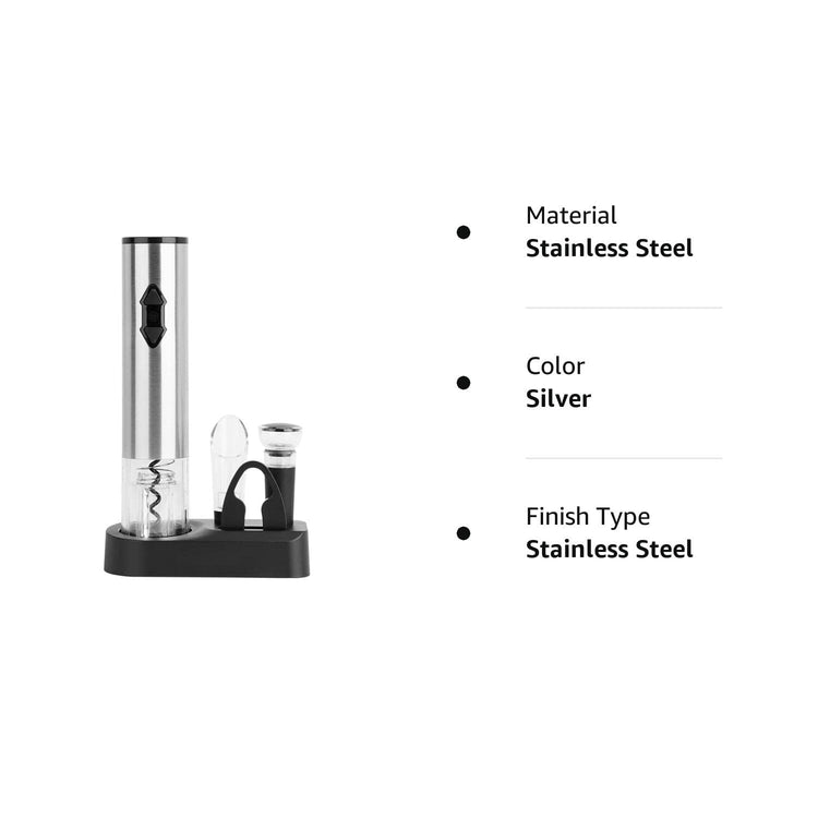 5-in-1 Electric Wine Opener Gift Set Stainless Steel Electric Wine Bottle Opener Battery Operated Corkscrew with Foil Cutter, Wine Pour, Wine Stopper and Storage Base, Silver