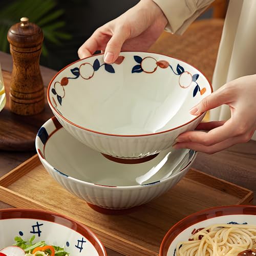 8 Inch 38OZ Ceramic Ramen Soup Bowl Set of 4 with spoons (Brown and White)