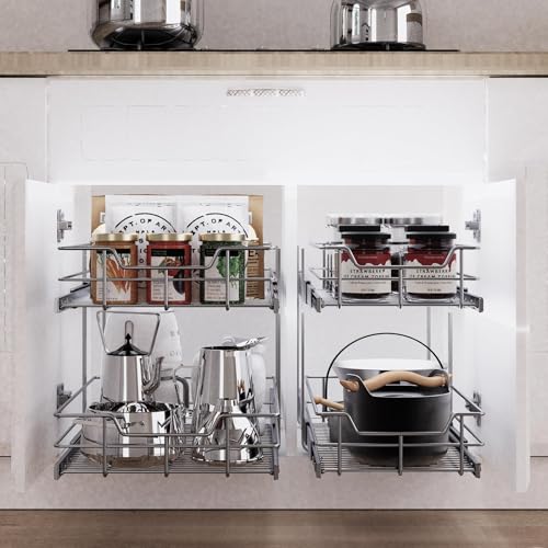 2 Tier Pull Out Cabinet Organizer 15" W X 22" D (2 Tier - Chrome-Plated / 15" W X 22" D)