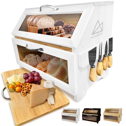Bread Box with Cutting Board & Knife Set (White Bamboo)