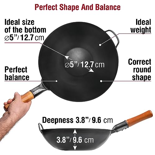 13.5" Pre Seasoned Flat Bottom Black Carbon Steel Wok for Stir Fry