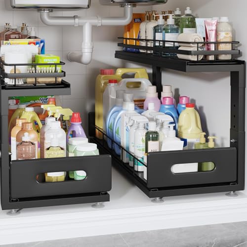 Under Sink Organizer Upgrade To Professional Rails (Black / 2 Pack-21"Dx12.8"-16.9"H)