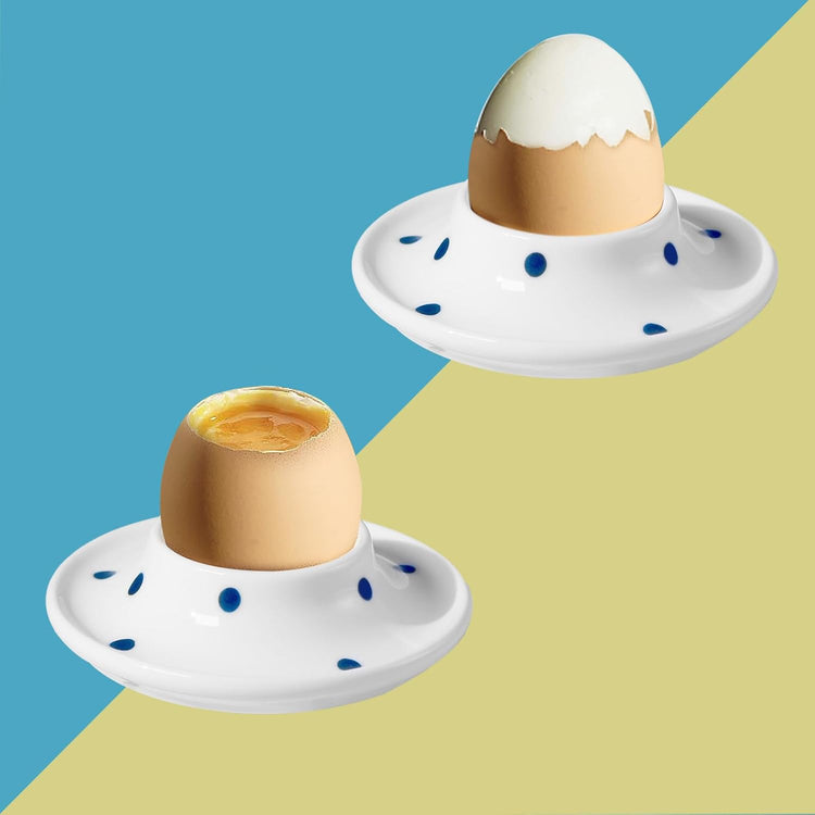 Cinf Ceramic White Egg Holder Set of 2 Porcelain Holder Breakfast Boiled Cooking Easy to Clean Childhood Memories Kitchen(Blue Dot)