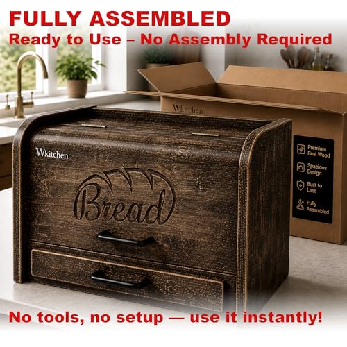 Premium FULLY ASSEMBLED Rustic Bread Box (Brown)
