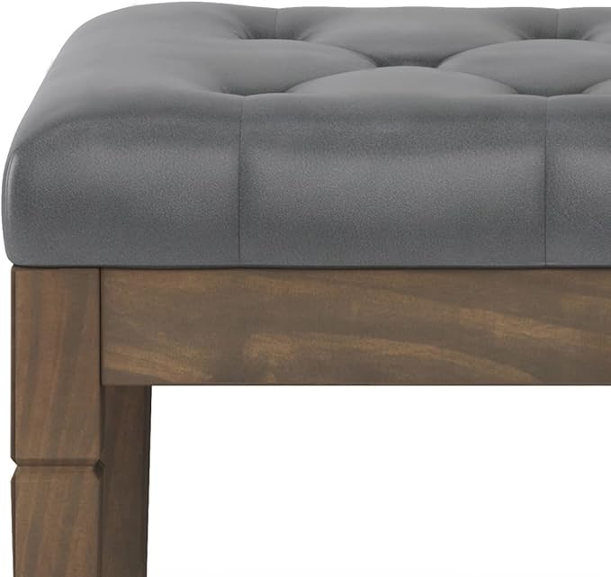 SIMPLIHOME Waverly Small Tufted Ottoman Bench - 28 inch Wide Upholstered Vegan Leather Rectangle Footstool Ottoman in Stone Grey, Traditional Bench for Bedroom or Living Room with Carved Legs