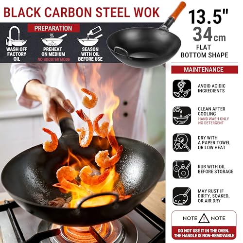 13.5" Pre Seasoned Flat Bottom Black Carbon Steel Wok for Stir Fry