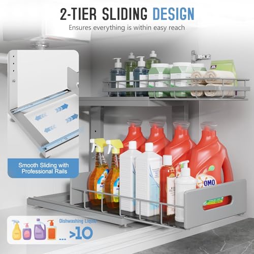 Under Sink Organizer Upgrade To Professional Rails (Gun Gray / 2 Pack-14.5"Dx12.8"-16.9"H)