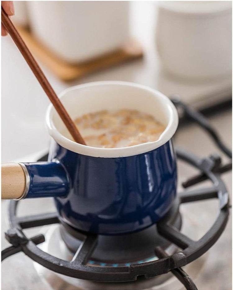 Enamel Milk Pot, Small Enamel Saucepan Milk Pot Butter Warmer 4 Inch 17 Oz Enamel Small Sauce Pan with Wooden Handle, Perfect Size for Heating Smaller Liquid Portions. (Blue)