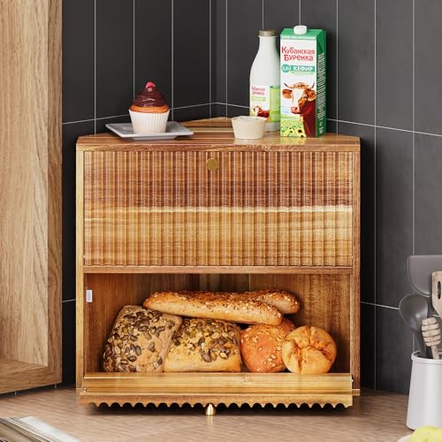 Acacia Corner Bread Box for Kitchen Countertop Wood Two Layer Large Capacity Bread Storage Bin Vintage Storage for Homemade Bread (Acacia Wood)