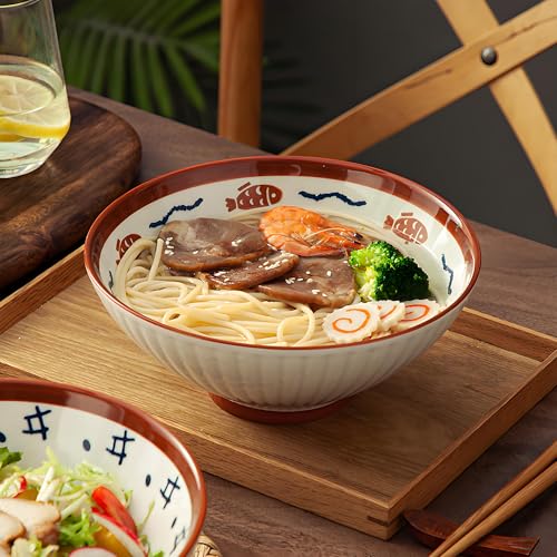 8 Inch 38OZ Ceramic Ramen Soup Bowl Set of 4 with spoons (Brown and White)