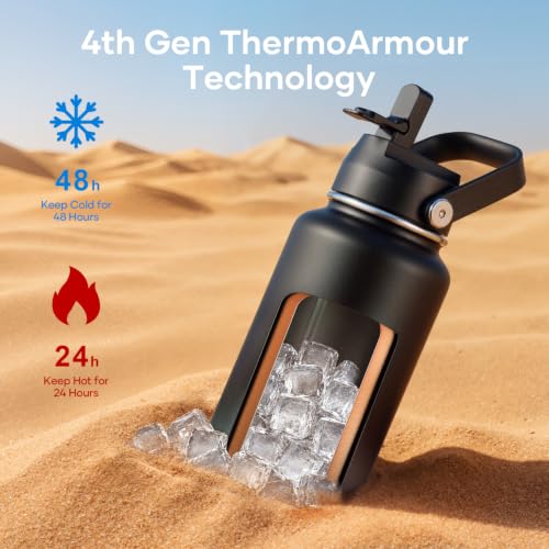 40 oz Insulated Water Bottle with Paracord Handle & Straw Spout Lids (40 Ounces / Shadow)