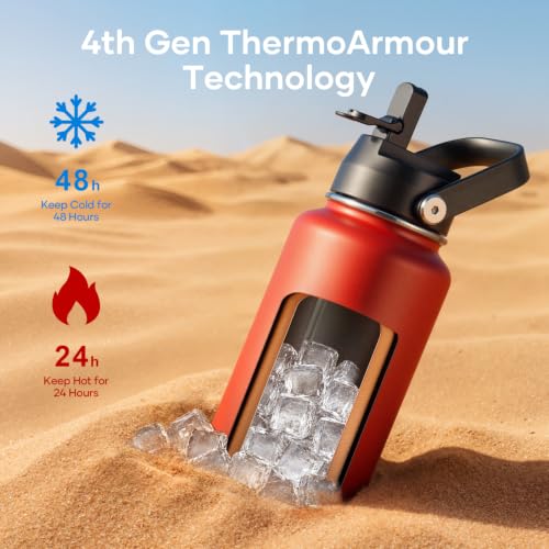 40 oz Insulated Water Bottle with Paracord Handle & Straw Spout Lids (40 Ounces / Red)
