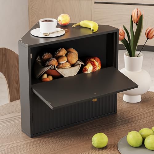 Corner Bread Box for Kitchen Countertop Bamboo Two Layer Large Capacity Bread Storage Bin Vintage Storage for Homemade Bread (Black)