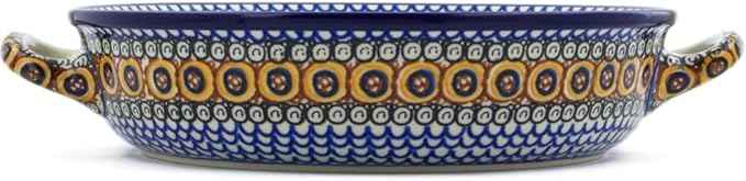 Polmedia Polish Pottery Round Baker with Handles 10-inch UNIKAT - Autumn Chrysanthemums Pattern Handmade in Boleslawiec Poland by Ceramika Artystyczna + Certificate of Authenticity