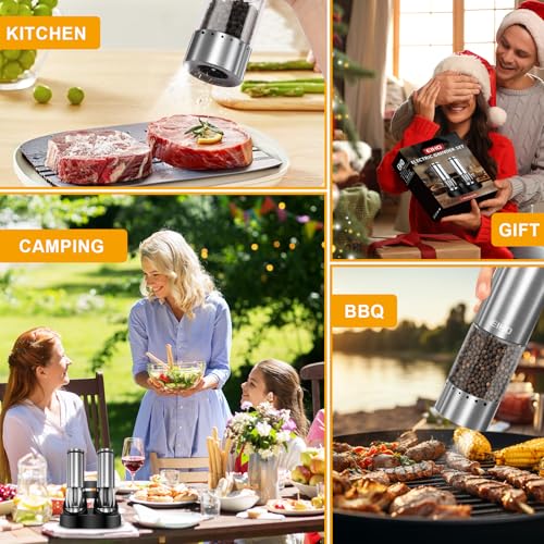 Electric Salt and Pepper Grinder Set USB Rechargeable (Charging Base-Stainless Steel Set)
