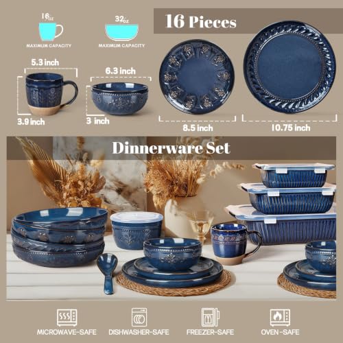 16 Piece Handcrafted Ceramic Dinnerware Set with Mugs (Multiple Patterns (16 Pieces) (Blue))