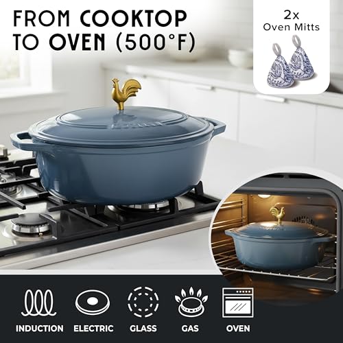 5.5 Quart Enameled Cast Iron Oval Dutch Oven w Rooster Knob & Cotton Potholders