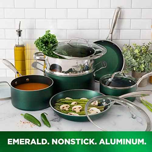Diamond Granite Stone Classic Emerald Pots and Pans Set with Ultra Nonstick Durable Mineral & Diamond Tripple Coated Surface