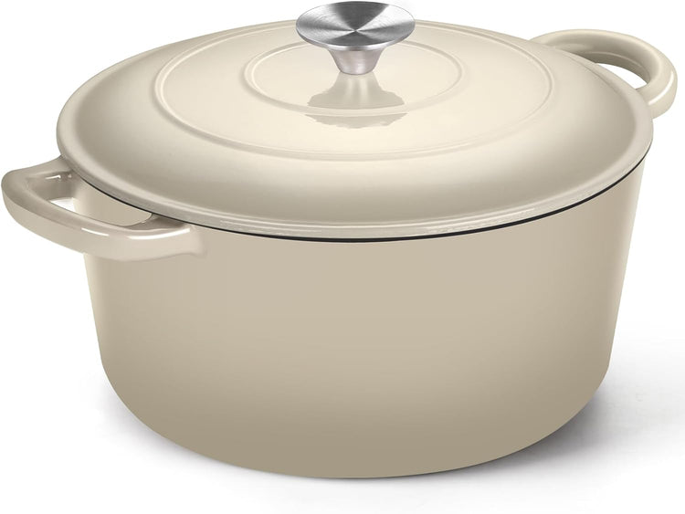 P&P CHEF 6QT Enameled Dutch Oven, Cast Iron Dutch Oven Pot with Lid for Bread Baking, Enameled Casserole Pot for Roasting Braising Stewing Frying Simmering, Various Stoves & Easy Clean, Khaki - Nestoria