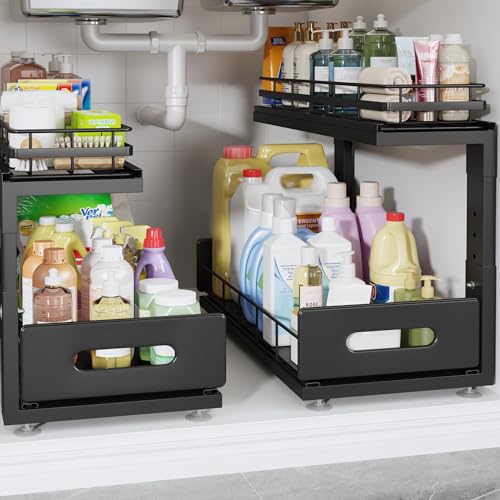 Under Sink Organizer Upgrade To Professional Rails (Black / 2 Pack-18.5"Dx12.8"-16.9"H)