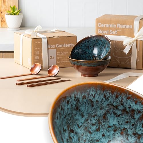 8 Inch Ceramic Ramen Bowl Set of 2 (Verdigris Green)