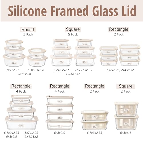 Glass Food Storage Containers with Glass Lids (Ivory White - 6RT)