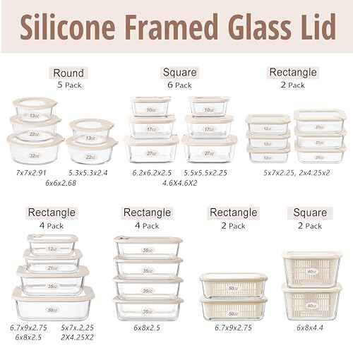 Glass Food Storage Containers with Glass Lids (Ivory White - 6RT)