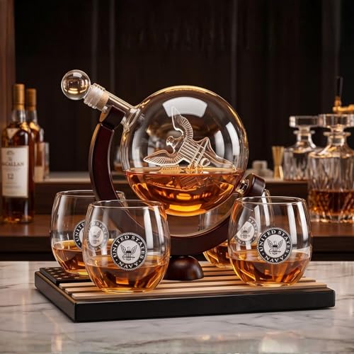 U.S. Navy Globe Whiskey Decanter Set with 4 Liquor Glasses