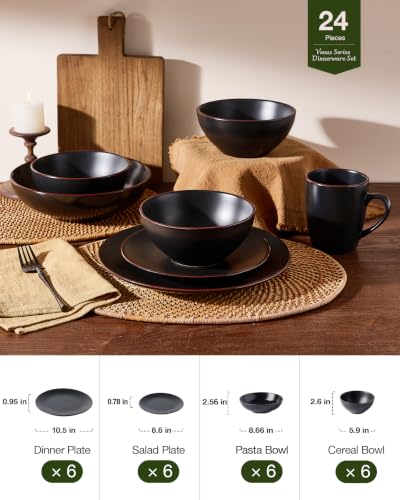 Venus Stoneware Dinnerware Sets with Pasta Bowls (Black / Serves 6 (24pc w/ Pasta Bowl))