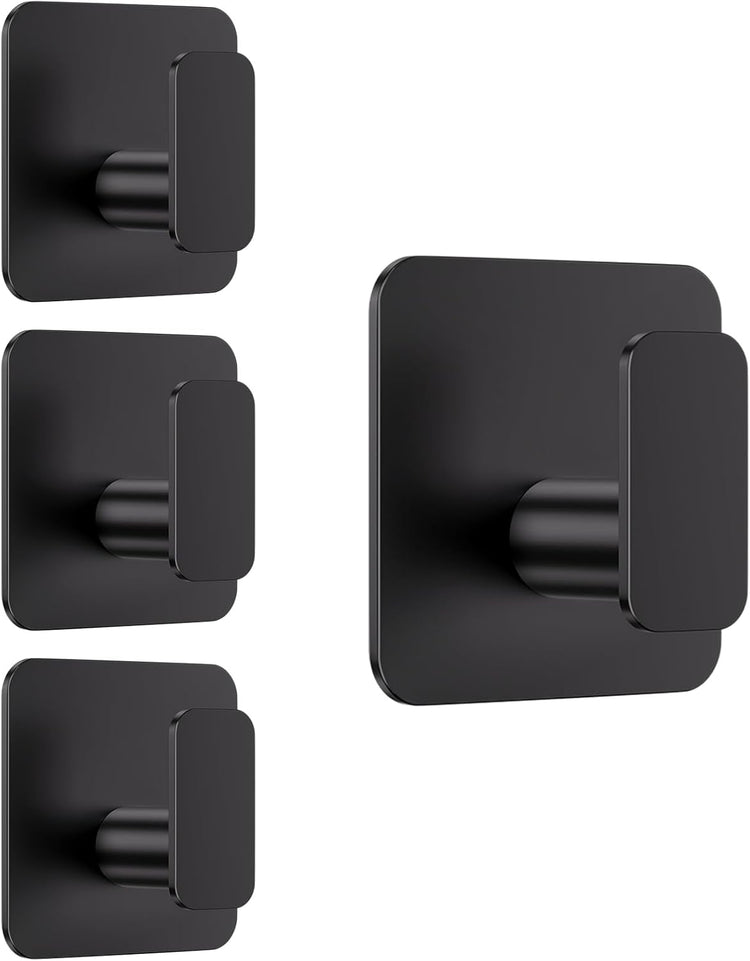 Black Hooks for Hanging Heavy Duty, Adhesive Hooks for Shower, Bathroom, Kitchen, Robe, Towel, Coat, Waterproof & Rustproof Hook for Walls No Damage, Stainless Steel Sticky Hook - 4 Pack